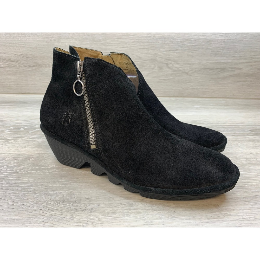 Fly London Yip Women's Black Suede Wedge Ankle Booties Side Zip 11 Shoes